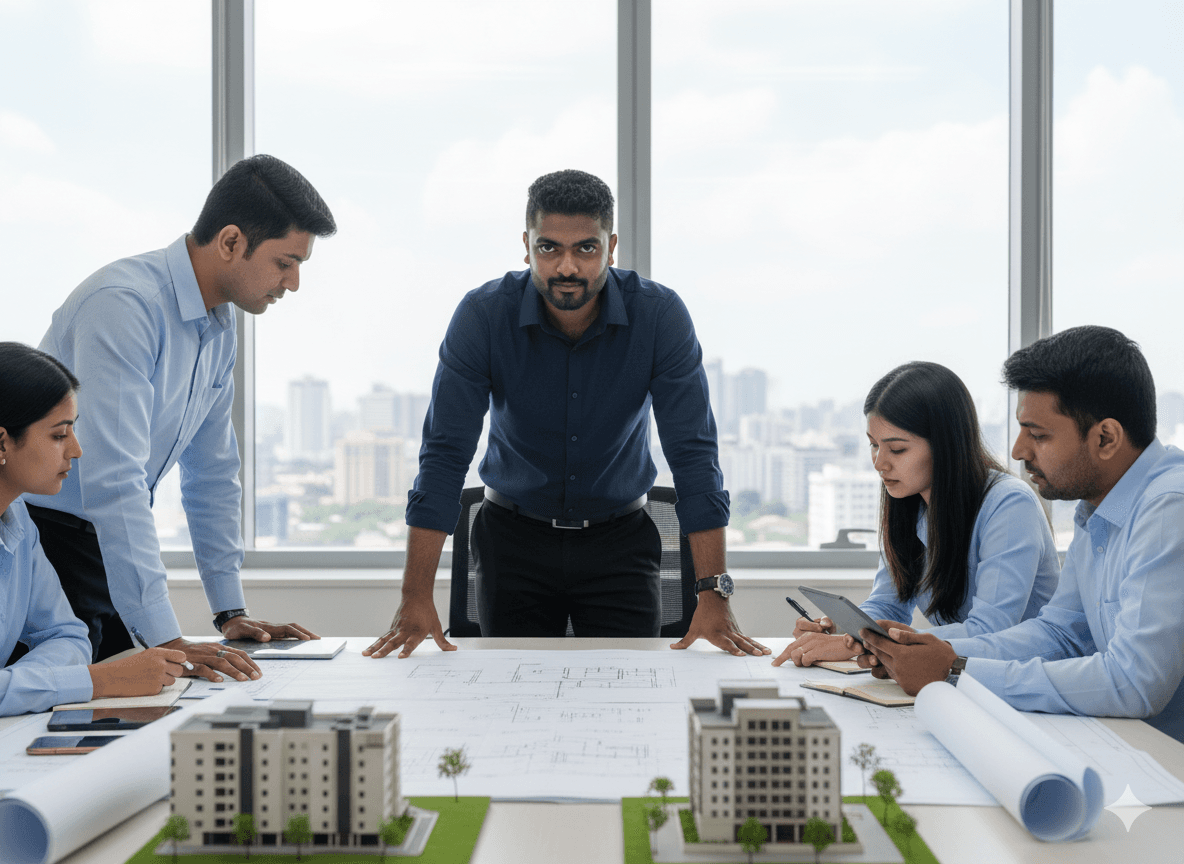 A dedicated construction team from Bhaigya Construction working on a modern building project in Assam, showcasing their commitment to excellence.